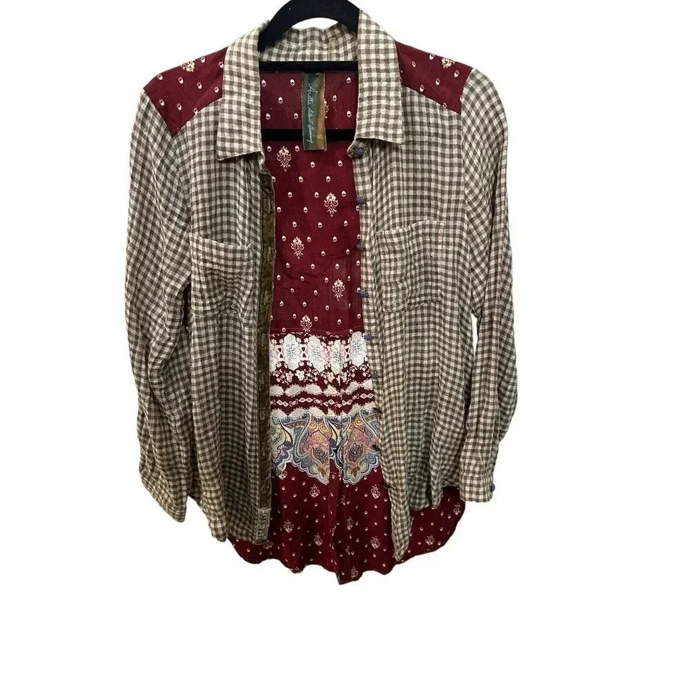 Aratta Silent Journey Women Long Sleeve Button Down Collared Plaid Shirt Size S